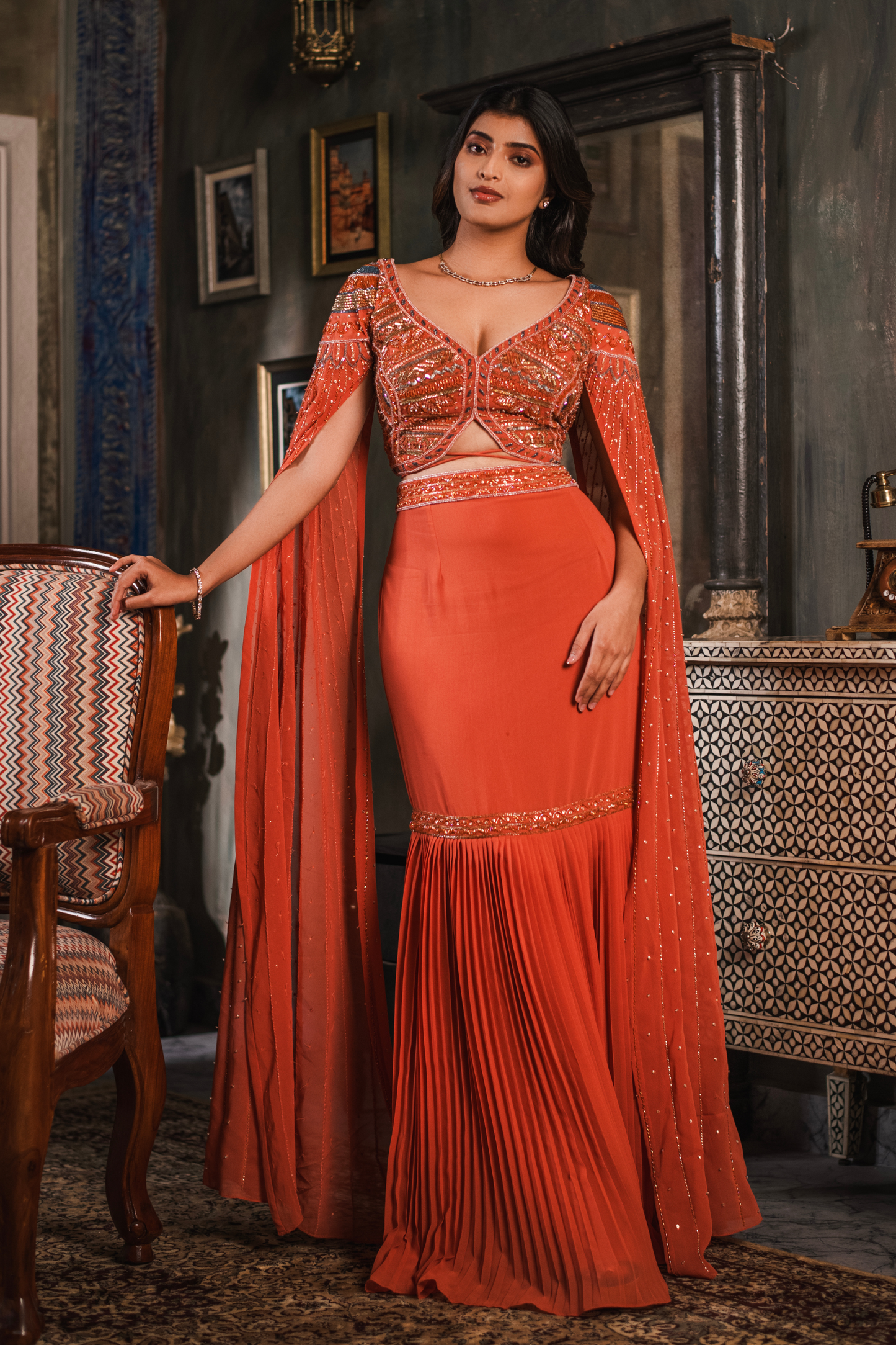 Dusty Orange Pleated Skirt Pair WaterFall Sleeve