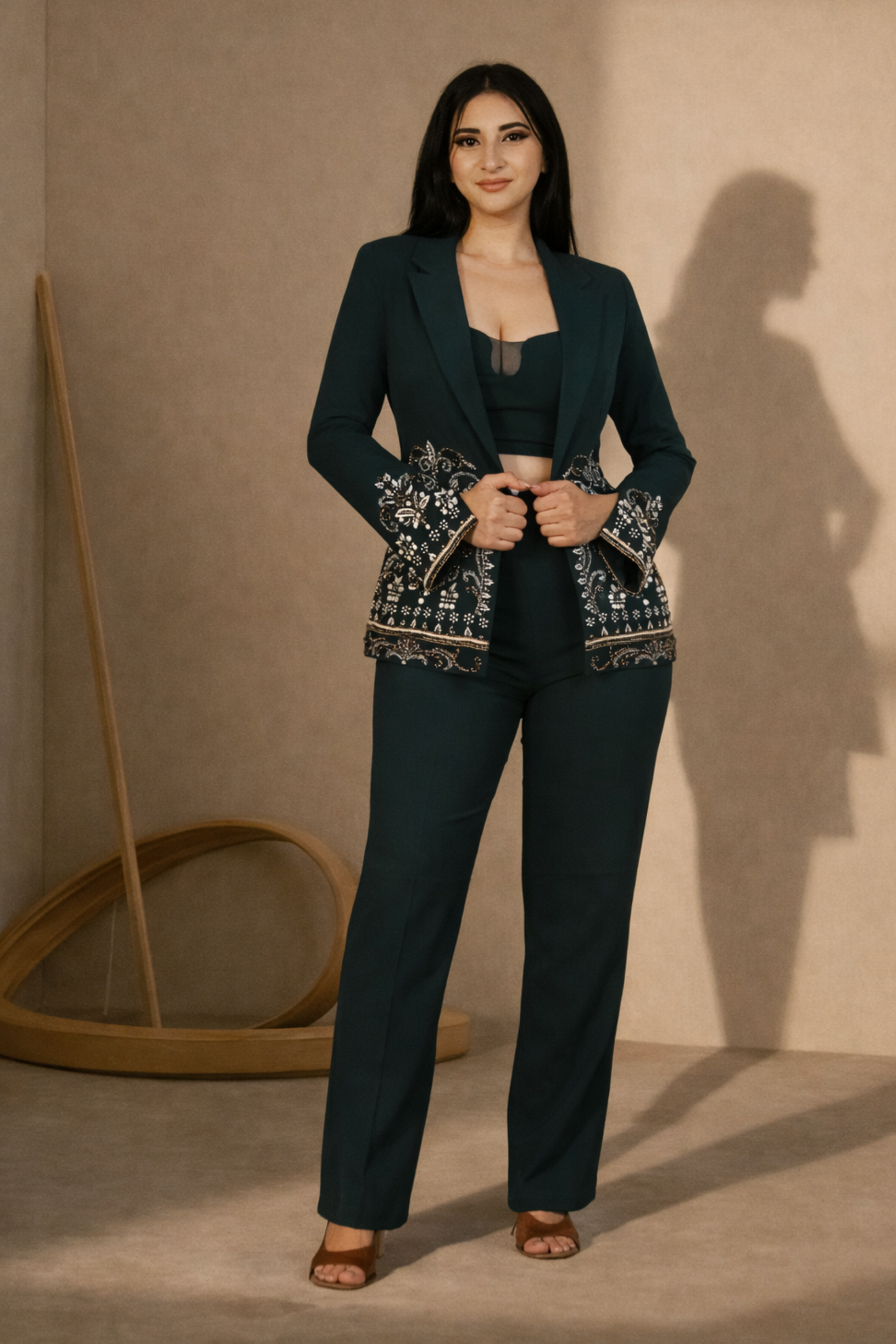 Forest Green Embroidered Three-Piece Co-Ord Set