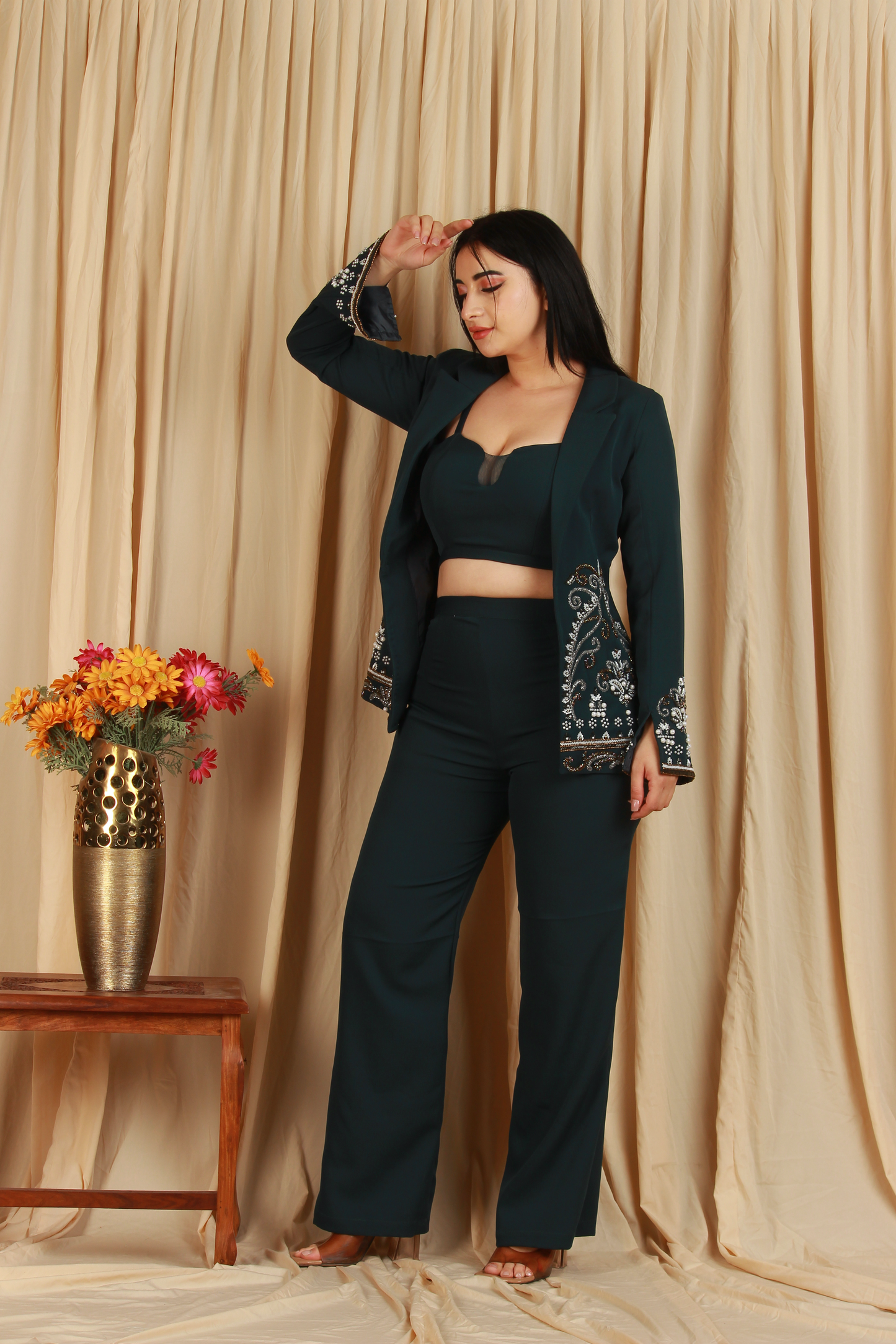 Forest Green Embroidered Three-Piece Co-Ord Set