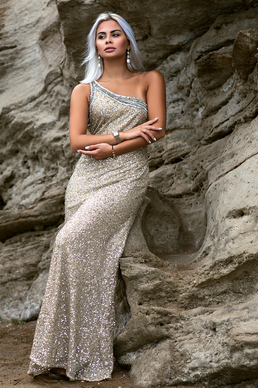 Golden One Shoulder Dazzling Gown