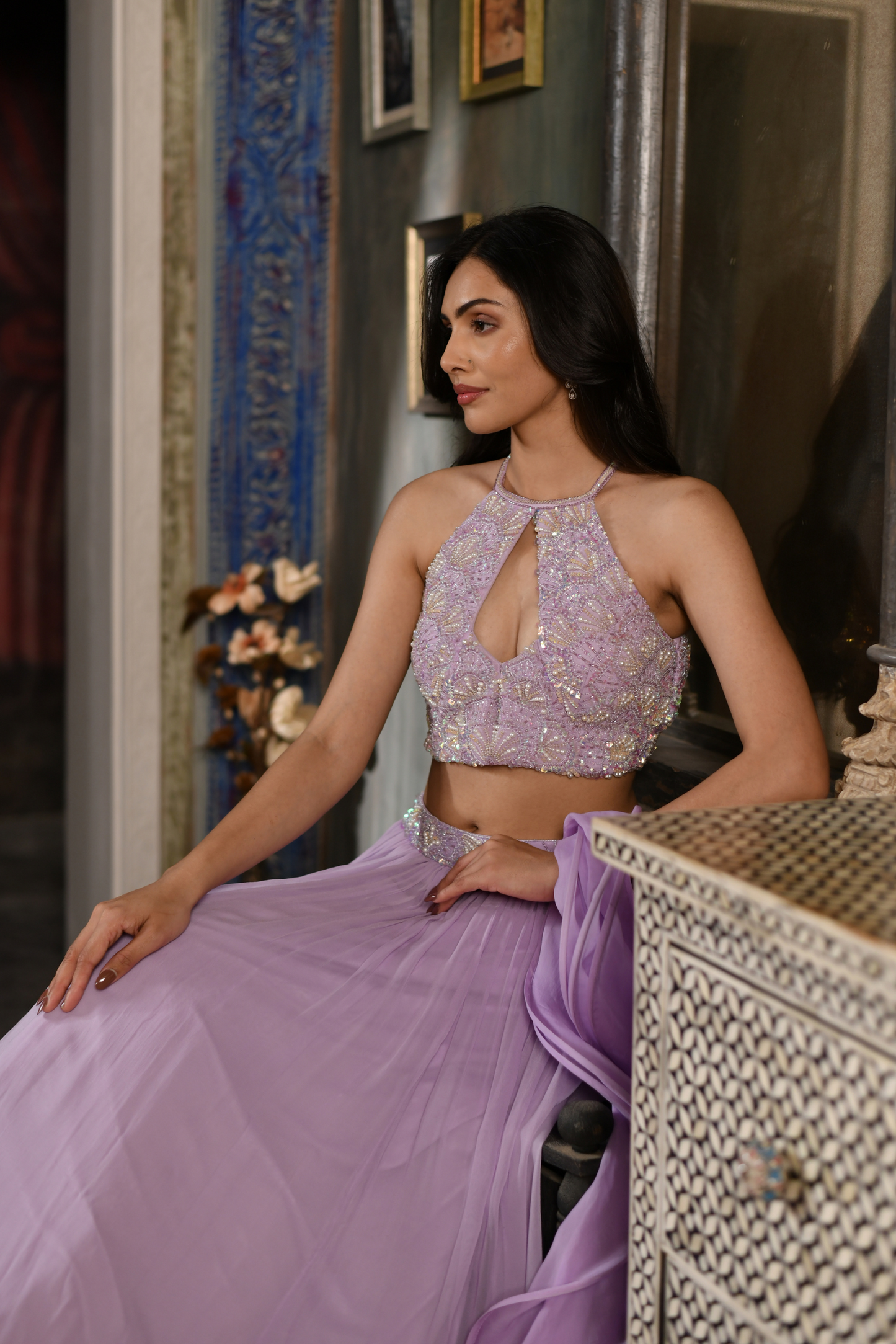 Lavender Sequin Embellished Halter Lehenga Set