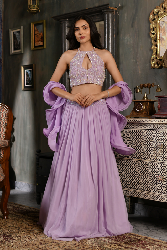 Lavender Sequin Embellished Halter Lehenga Set