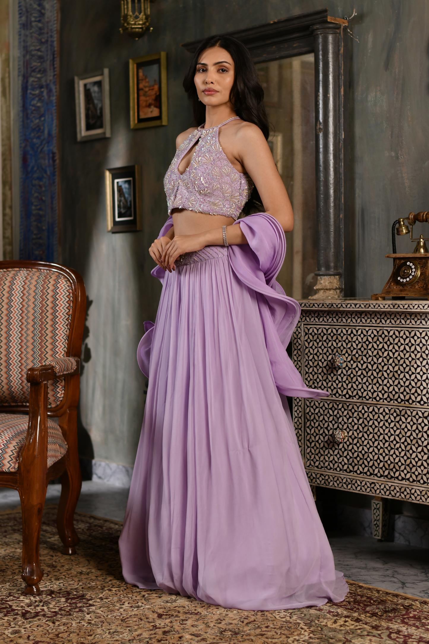 Lavender Sequin Embellished Halter Lehenga Set