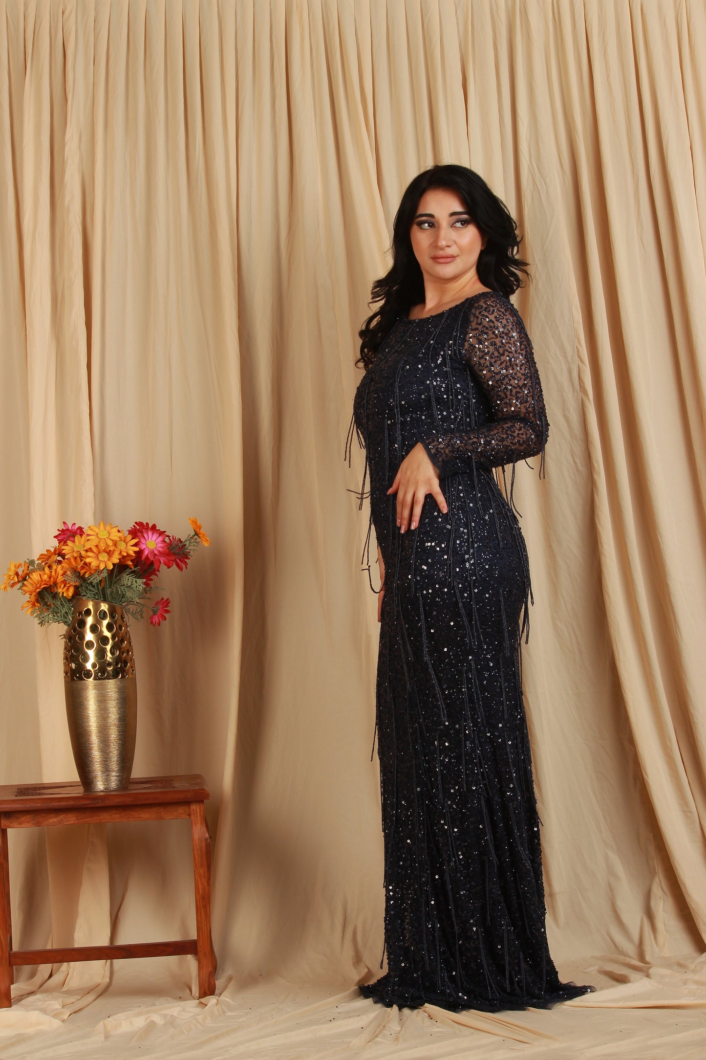 Long Black Gown With Sheer Sleeves