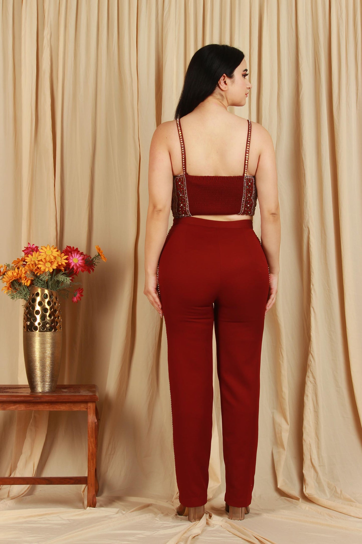 Maroon Beaded Corset Top with High-Waist Pants