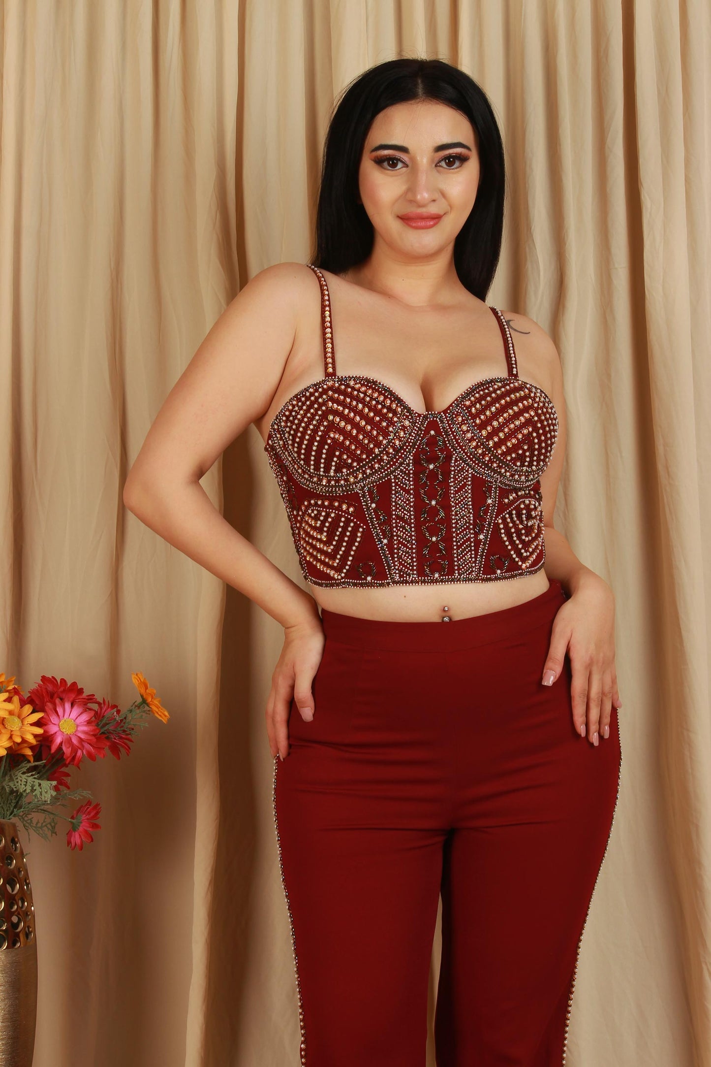 Maroon Beaded Corset Top with High-Waist Pants