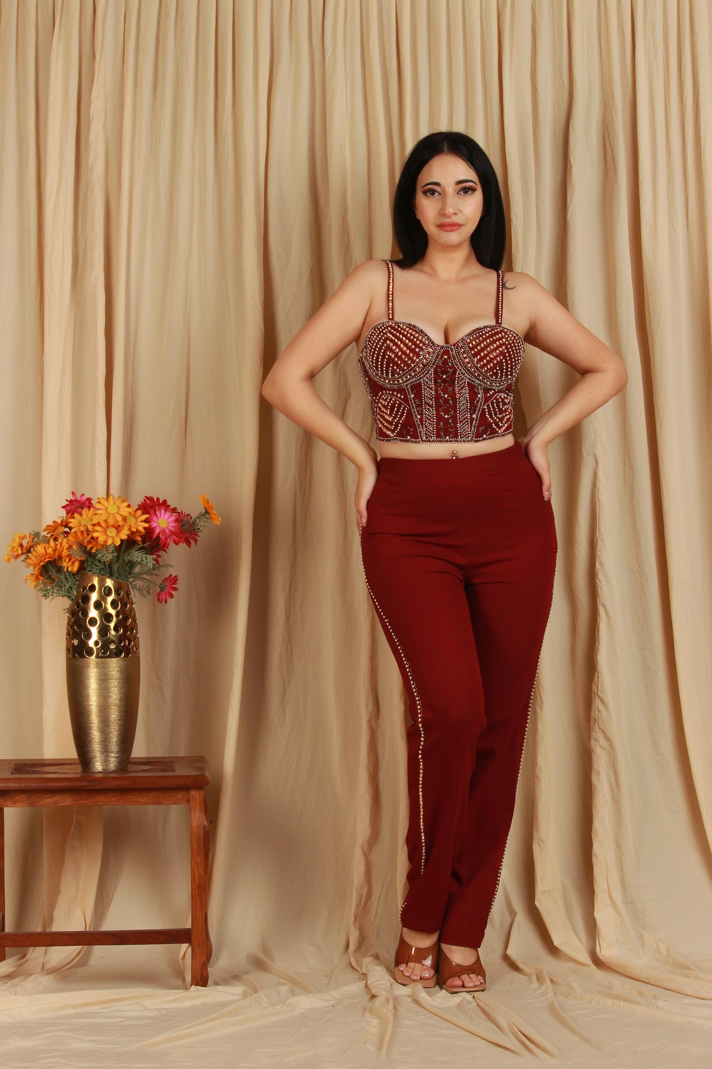 Maroon Beaded Corset Top with High-Waist Pants