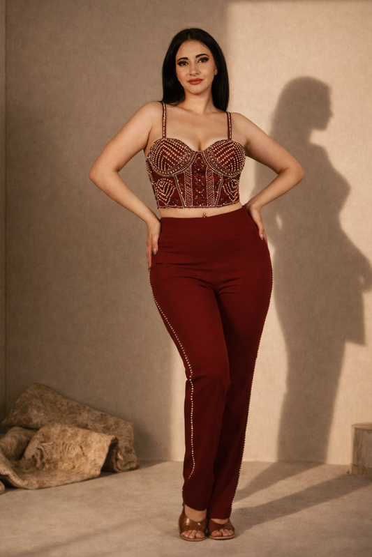 Maroon Beaded Corset Top with High-Waist Pants