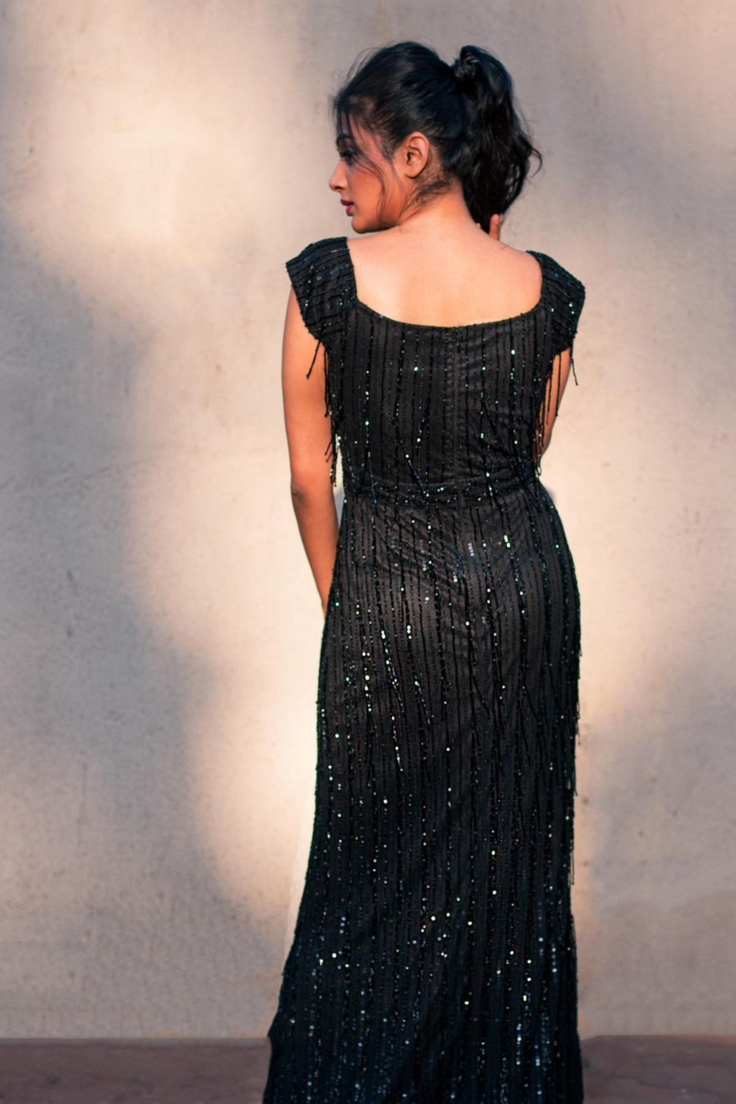 Midnight Black Gown with Sequin Stripes & Sheer Neckline