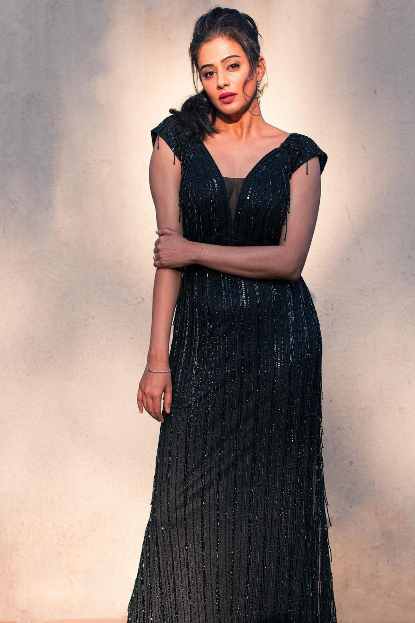 Midnight Black Gown with Sequin Stripes & Sheer Neckline