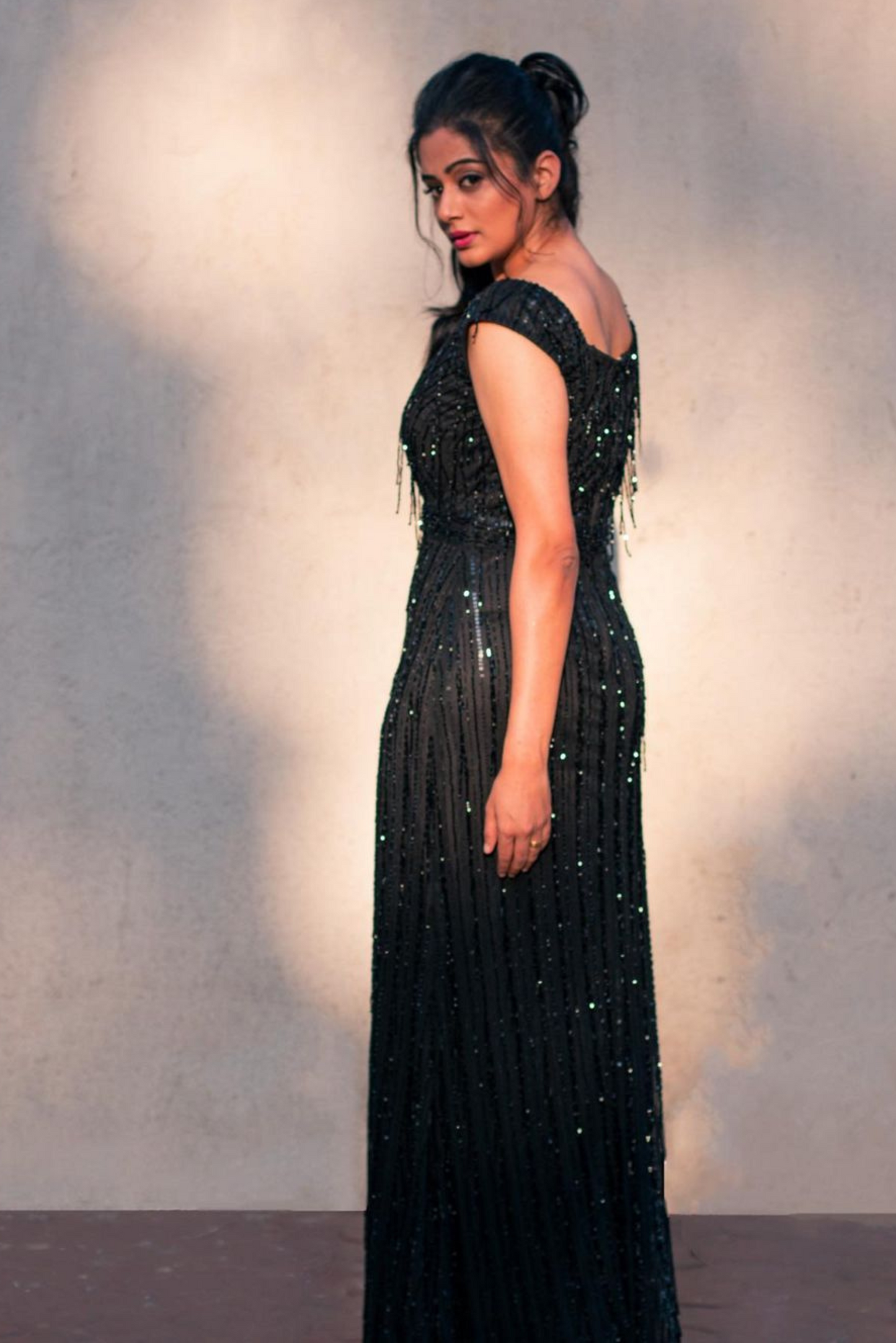 Midnight Black Gown with Sequin Stripes & Sheer Neckline