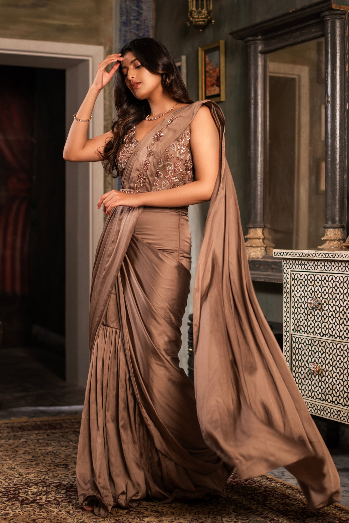 Nude Brown Satin Drape Saree