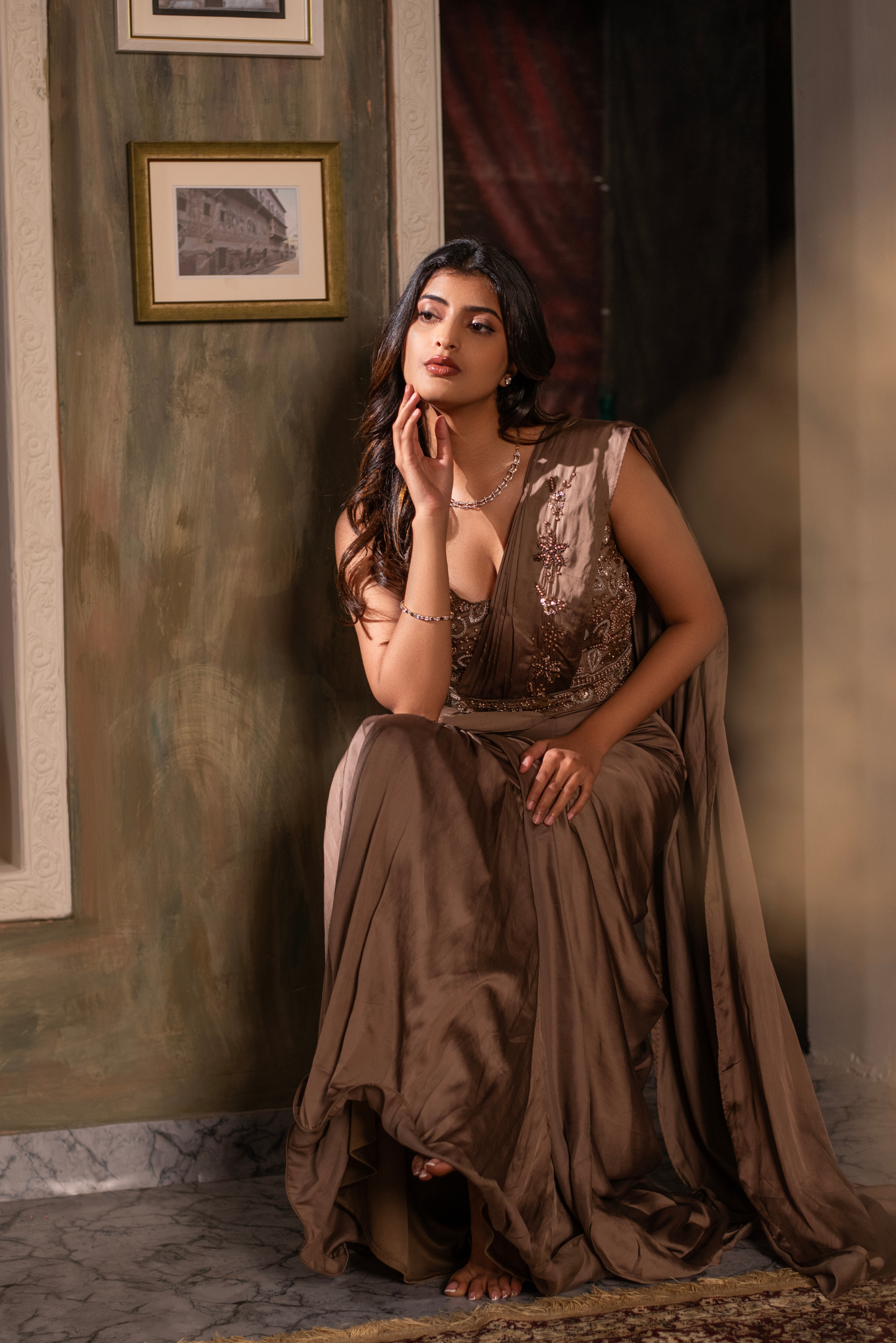 Nude Brown Satin Drape Saree
