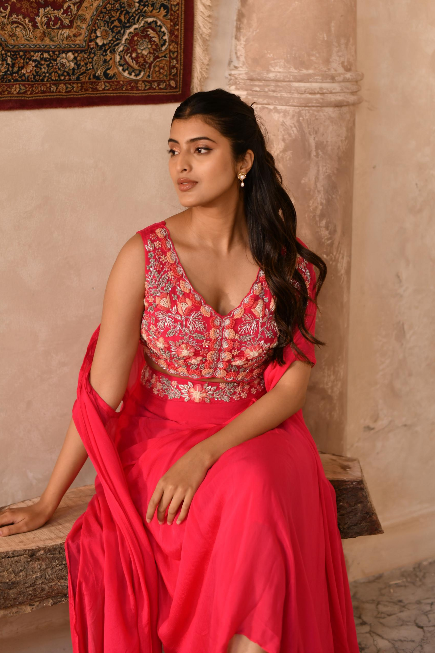 Paradise Pink Drape Skirt, Blouse with Cape