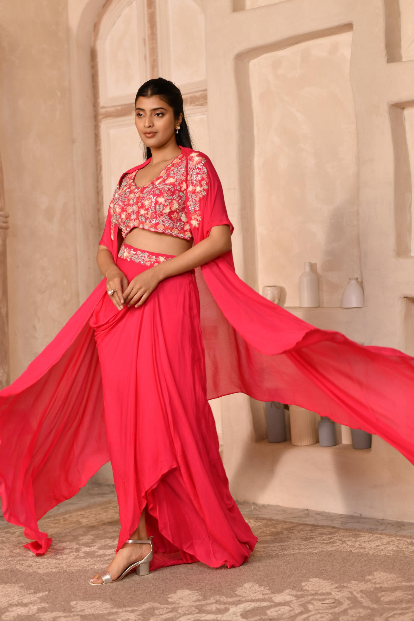Paradise Pink Drape Skirt, Blouse with Cape