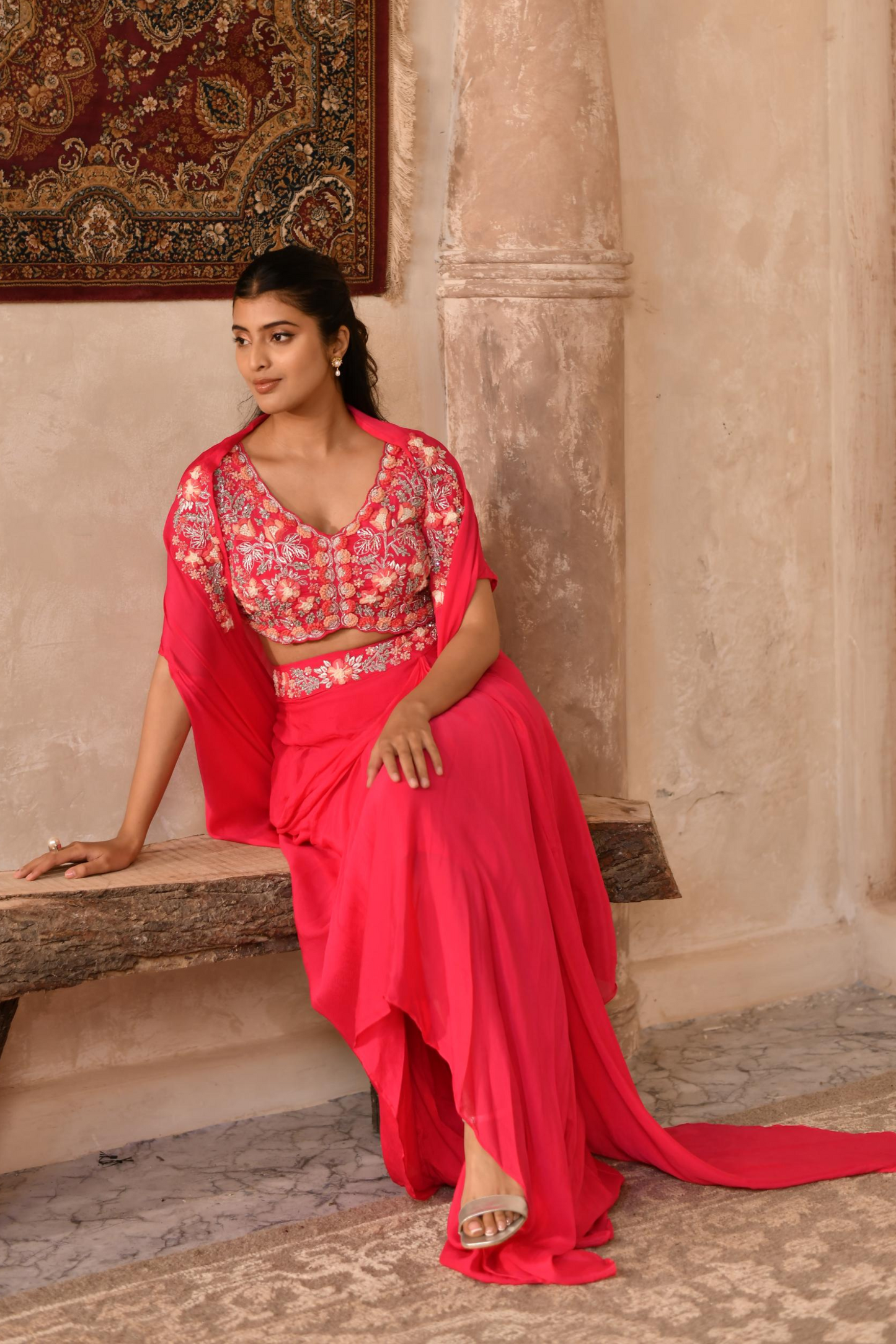 Paradise Pink Drape Skirt, Blouse with Cape