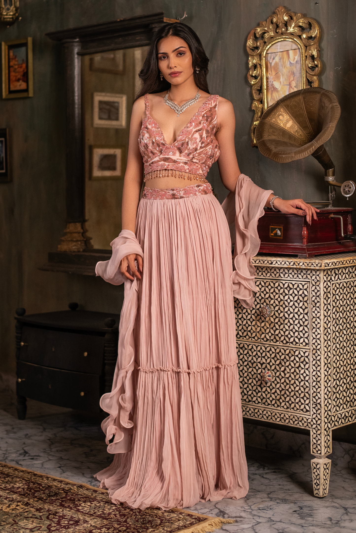 Peach Crushed Pleated Skirt Pair with Blouse & Ruffle Dupatta