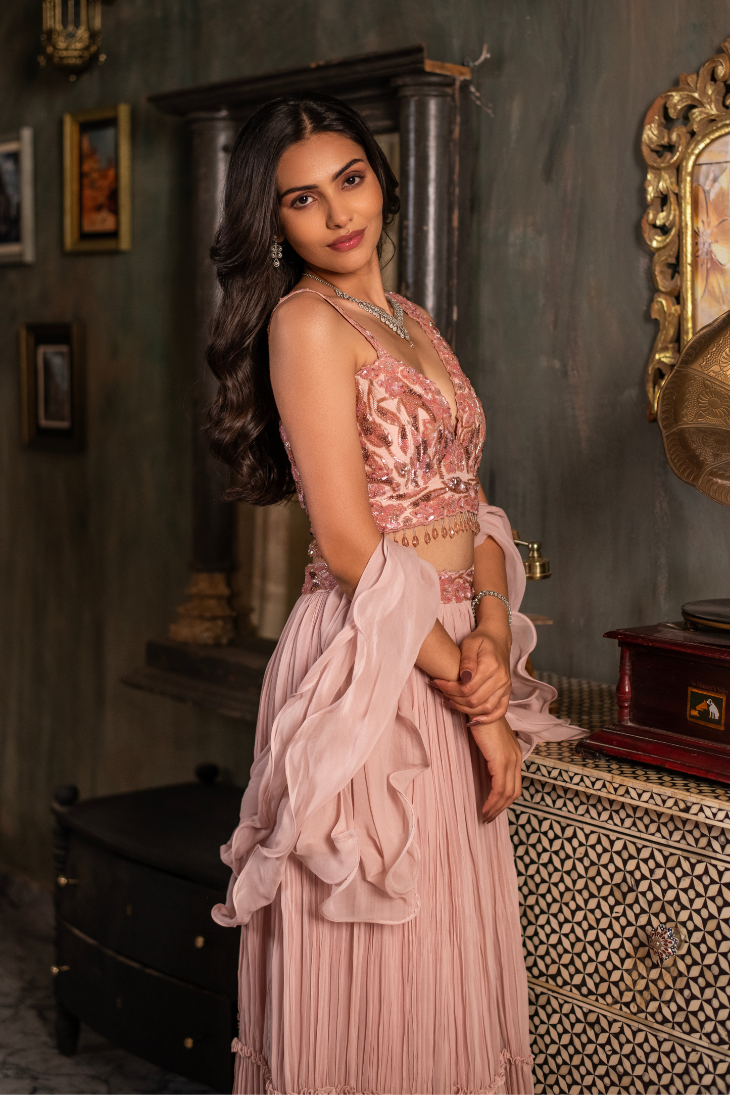 Peach Crushed Pleated Skirt Pair with Blouse & Ruffle Dupatta