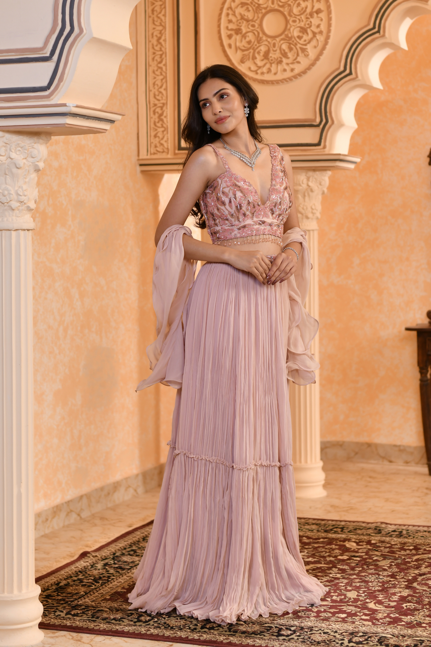 Peach Crushed Pleated Skirt Pair with Blouse & Ruffle Dupatta