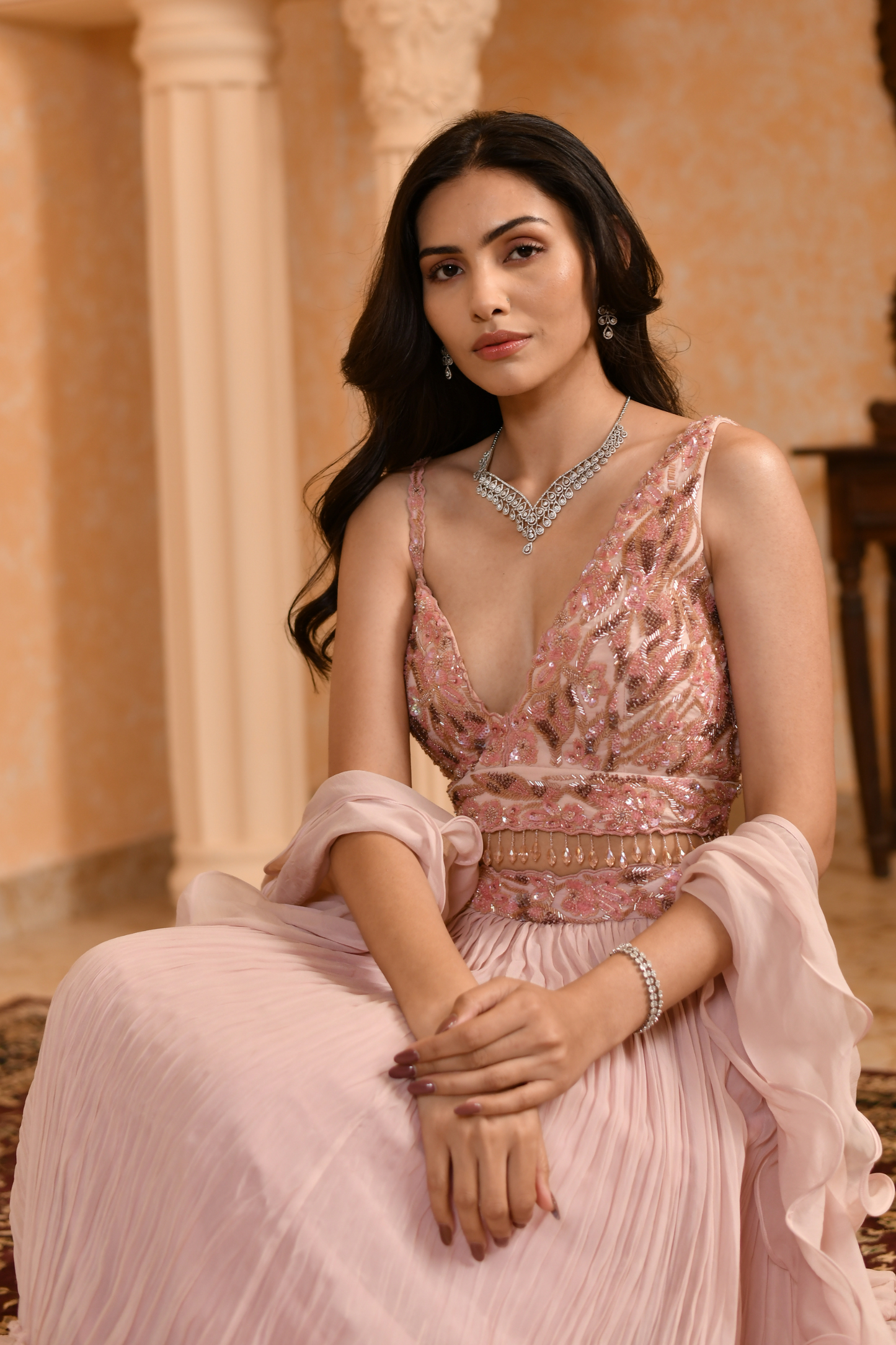 Peach Crushed Pleated Skirt Pair with Blouse & Ruffle Dupatta