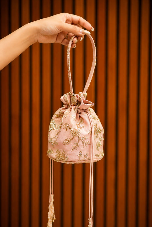 Peach Zari Potli Bag