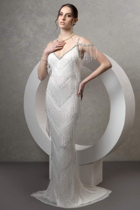Pearl White Drop Beaded Gown