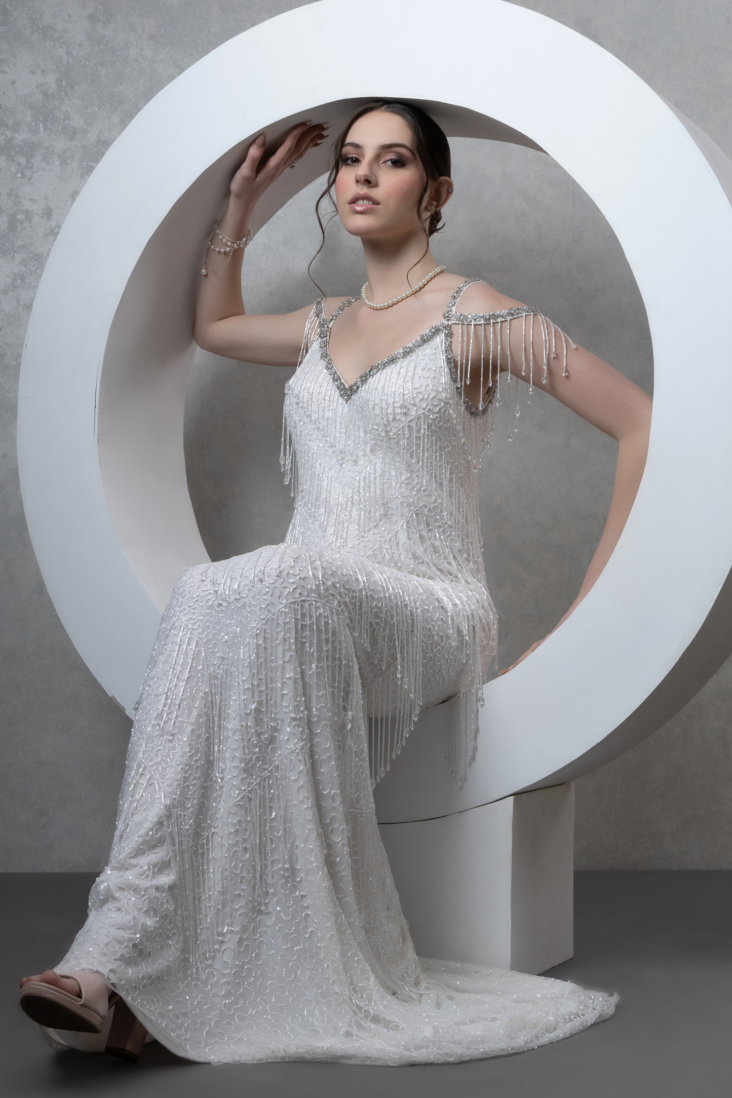 Pearl White Drop Beaded Gown