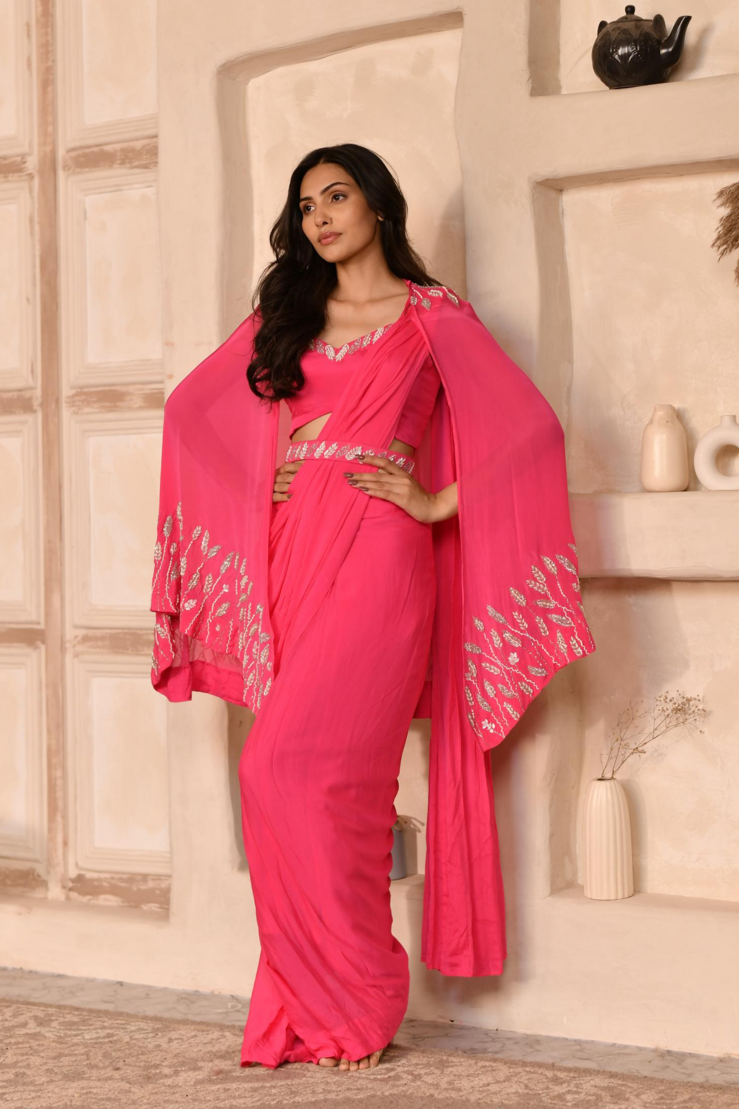 Pink Cosmos Drape Saree, Blouse and Cape & Belt