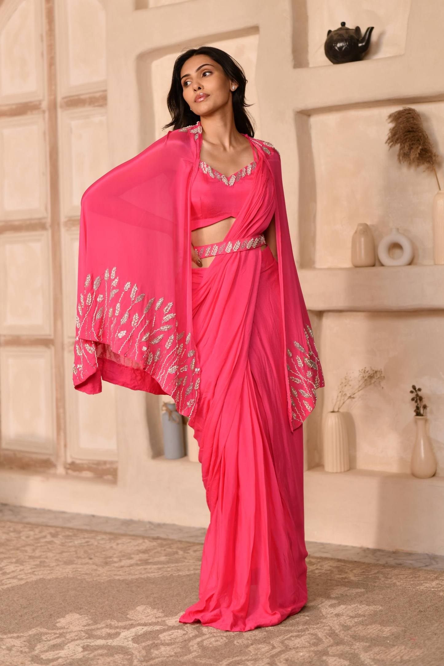 Pink Cosmos Drape Saree, Blouse and Cape & Belt