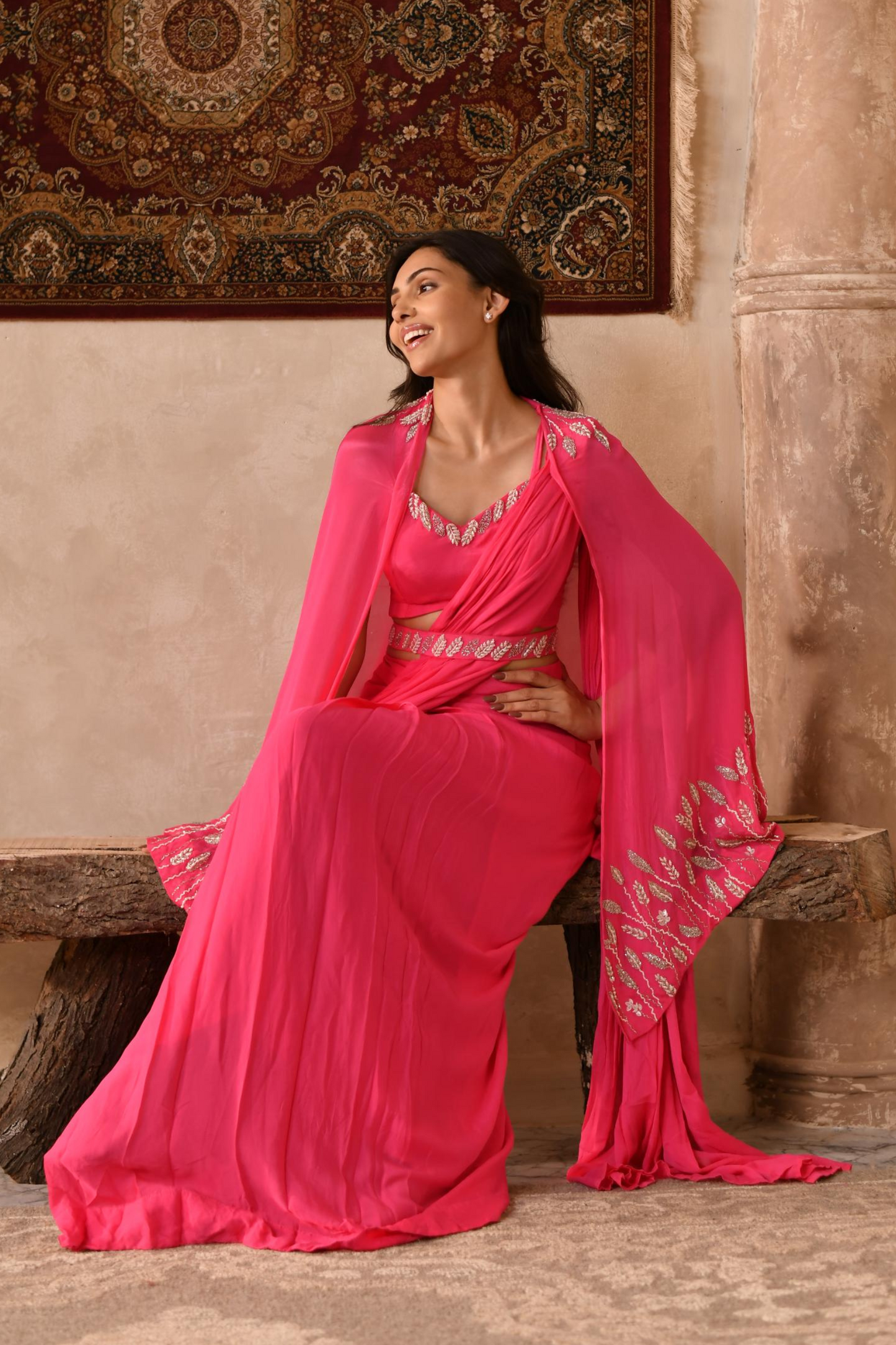 Pink Cosmos Drape Saree, Blouse and Cape & Belt