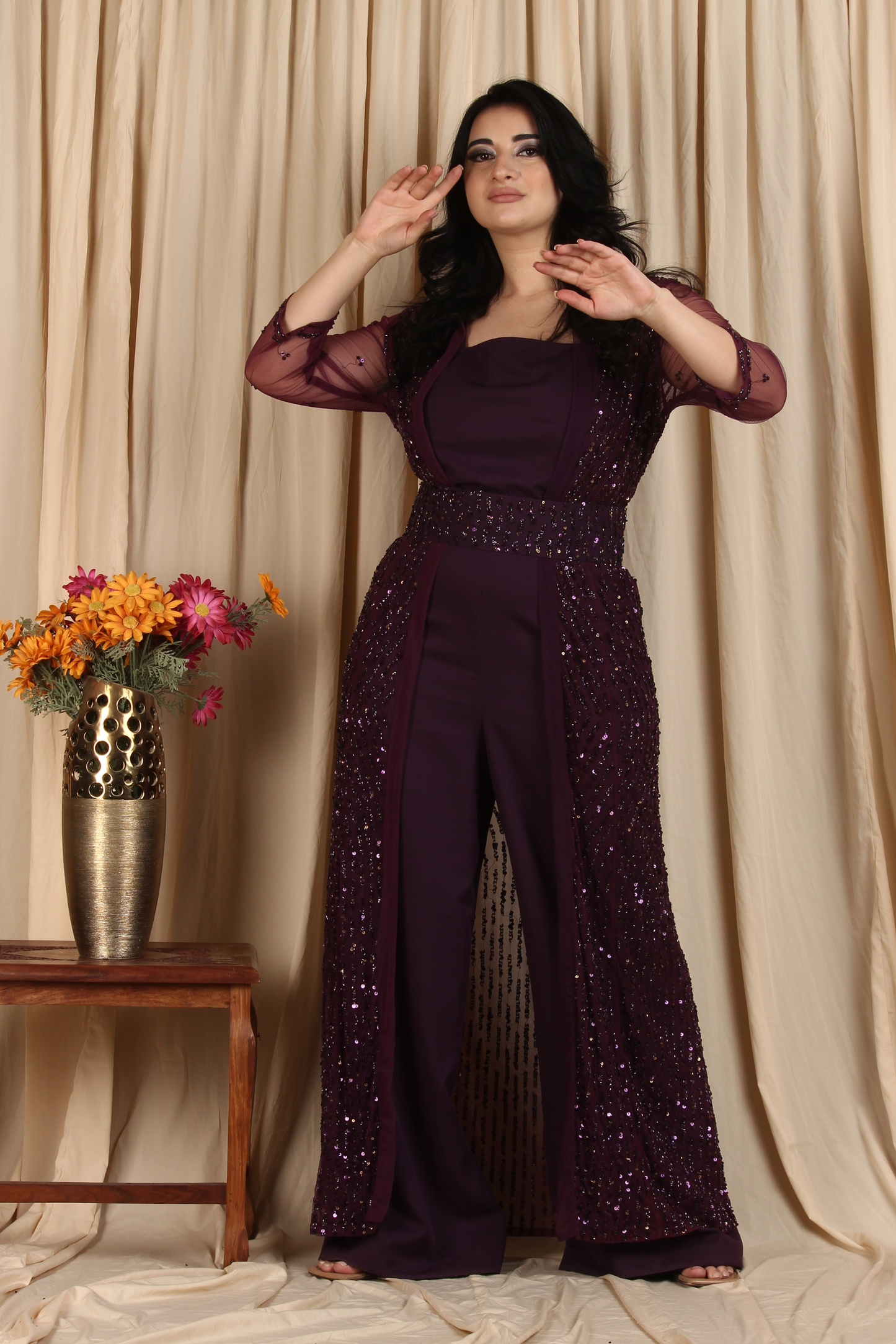 Purple Sequin Embellished Cape Jumpsuit