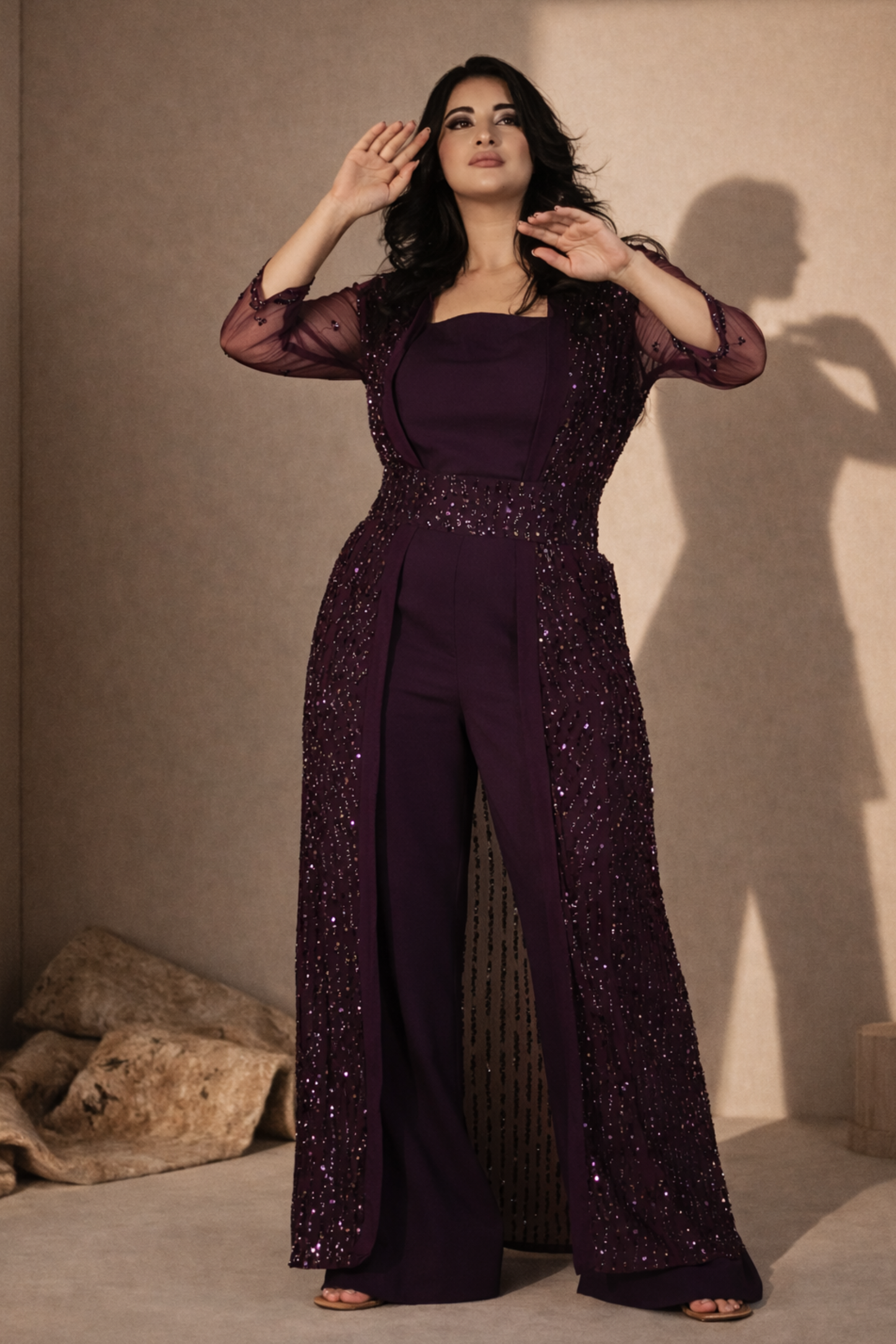 Purple Sequin Embellished Cape Jumpsuit