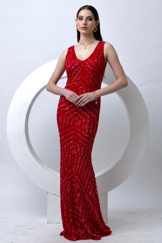 Red Body-con Embellished Gown