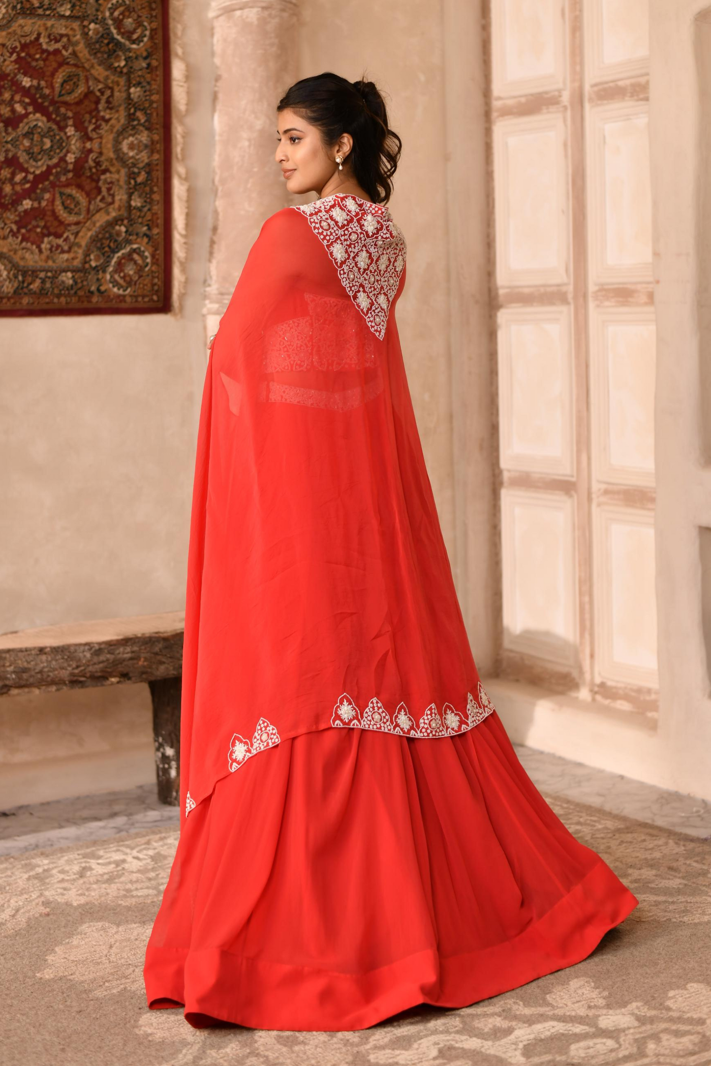 Red Skirt, Pleated Blouse with Cape