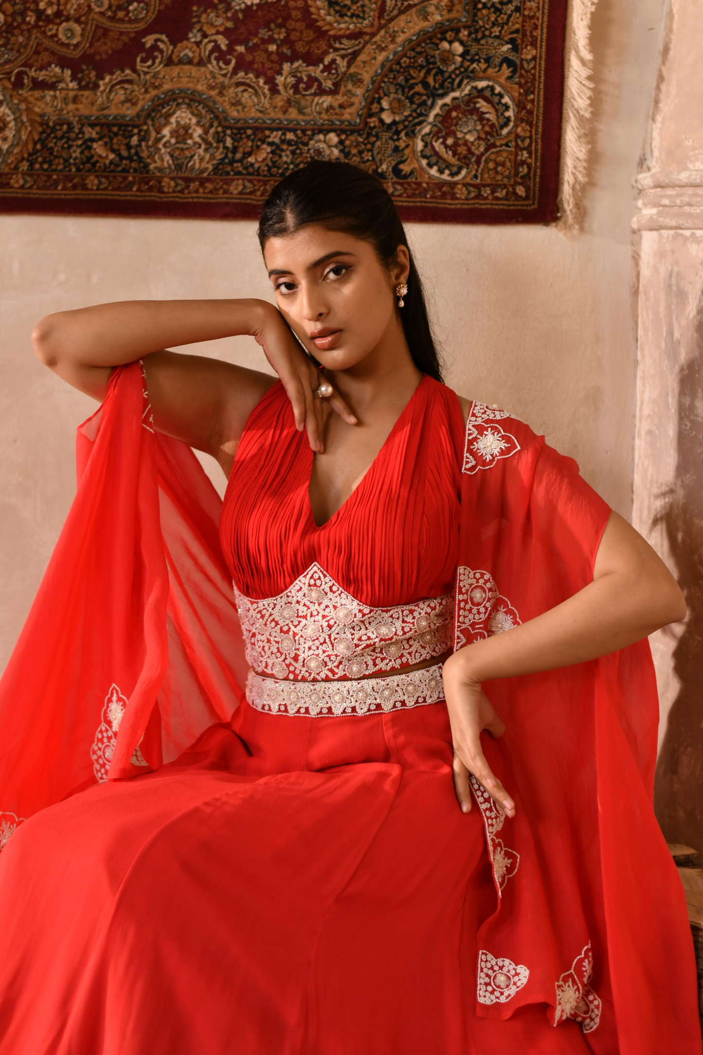 Red Skirt, Pleated Blouse with Cape