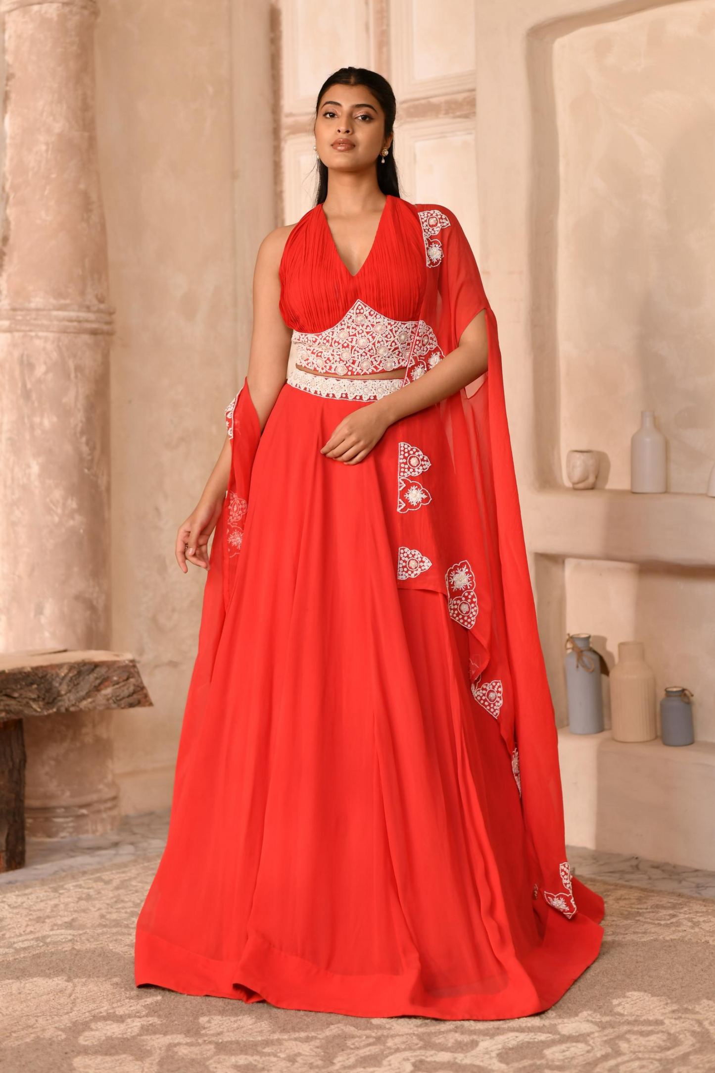 Red Skirt, Pleated Blouse with Cape