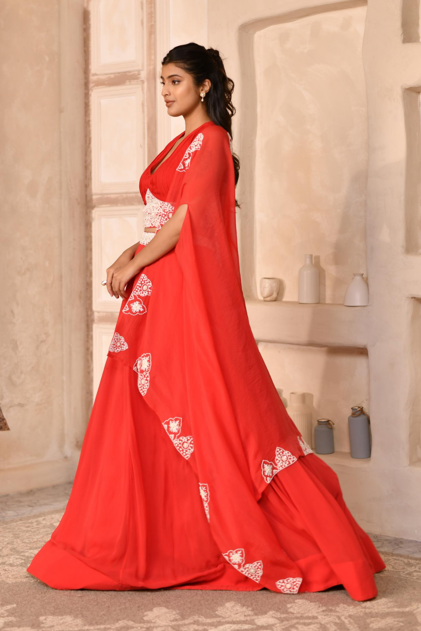 Red Skirt, Pleated Blouse with Cape