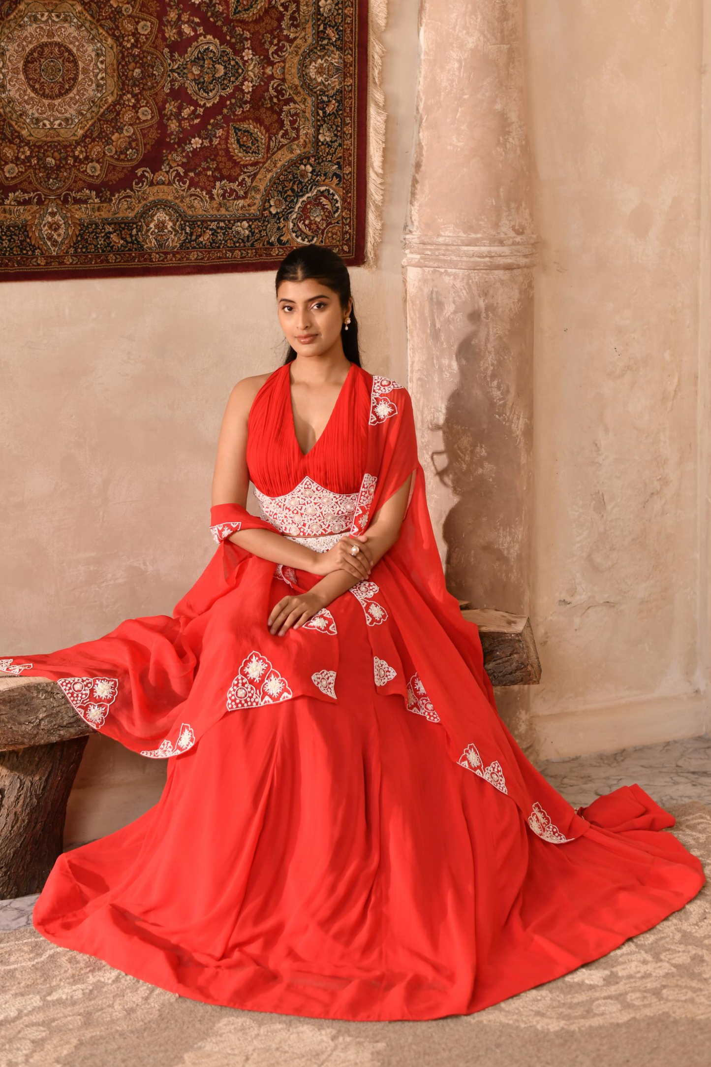 Red Skirt, Pleated Blouse with Cape