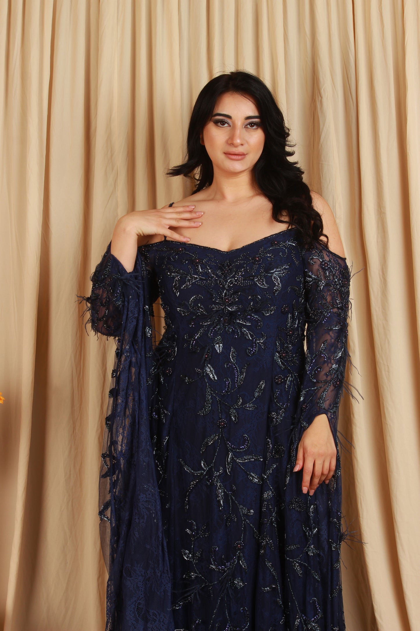 Royal Blue Embellished Gown with Drop Sleeves