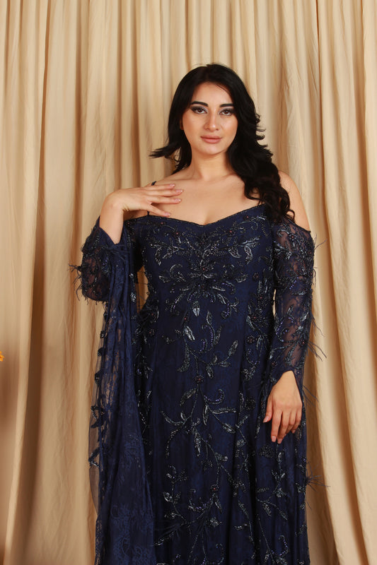 Royal Blue Embellished Gown with Drop Sleeves