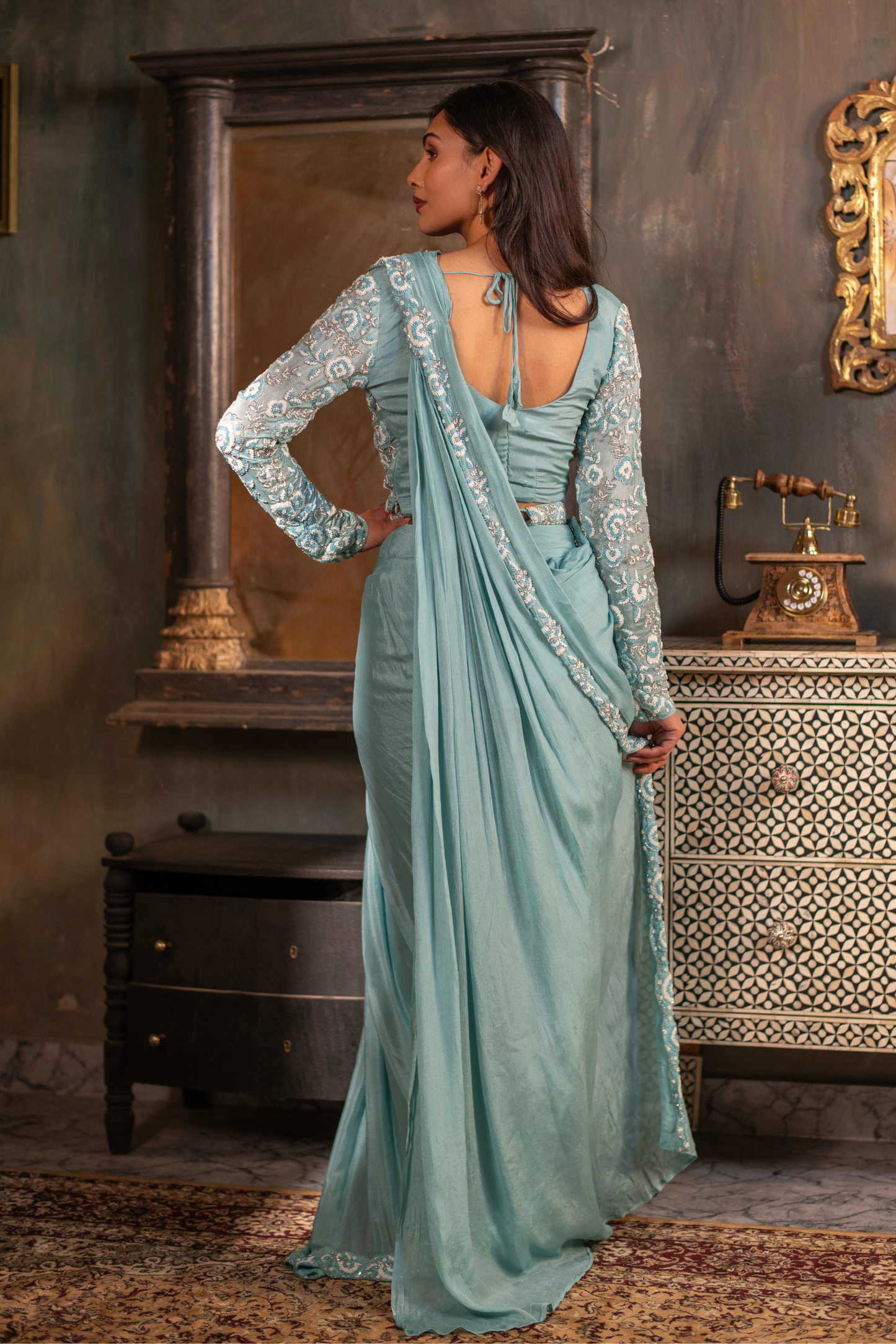 Sky Blue Drape Saree with Waist Belt