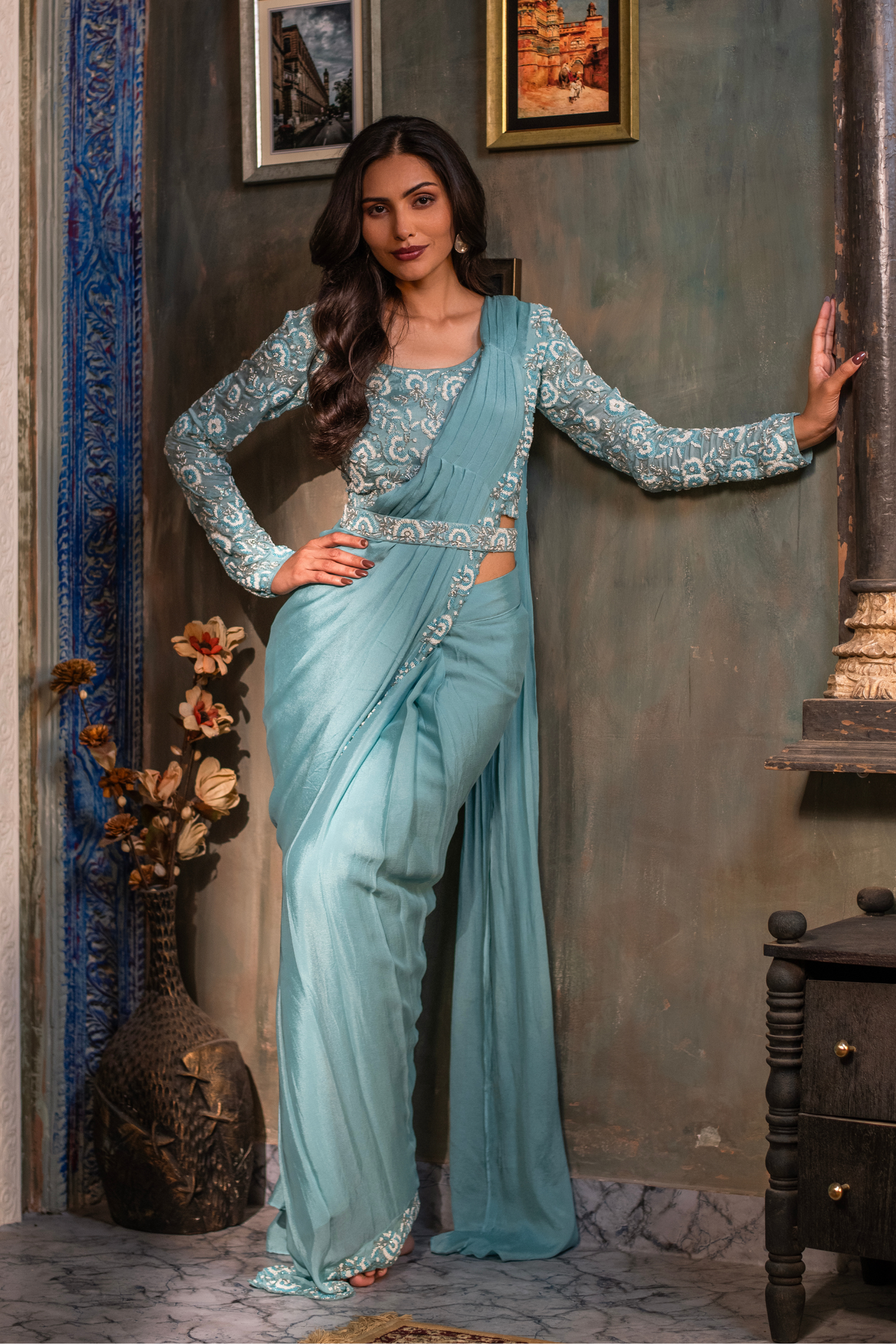 Sky Blue Drape Saree with Waist Belt