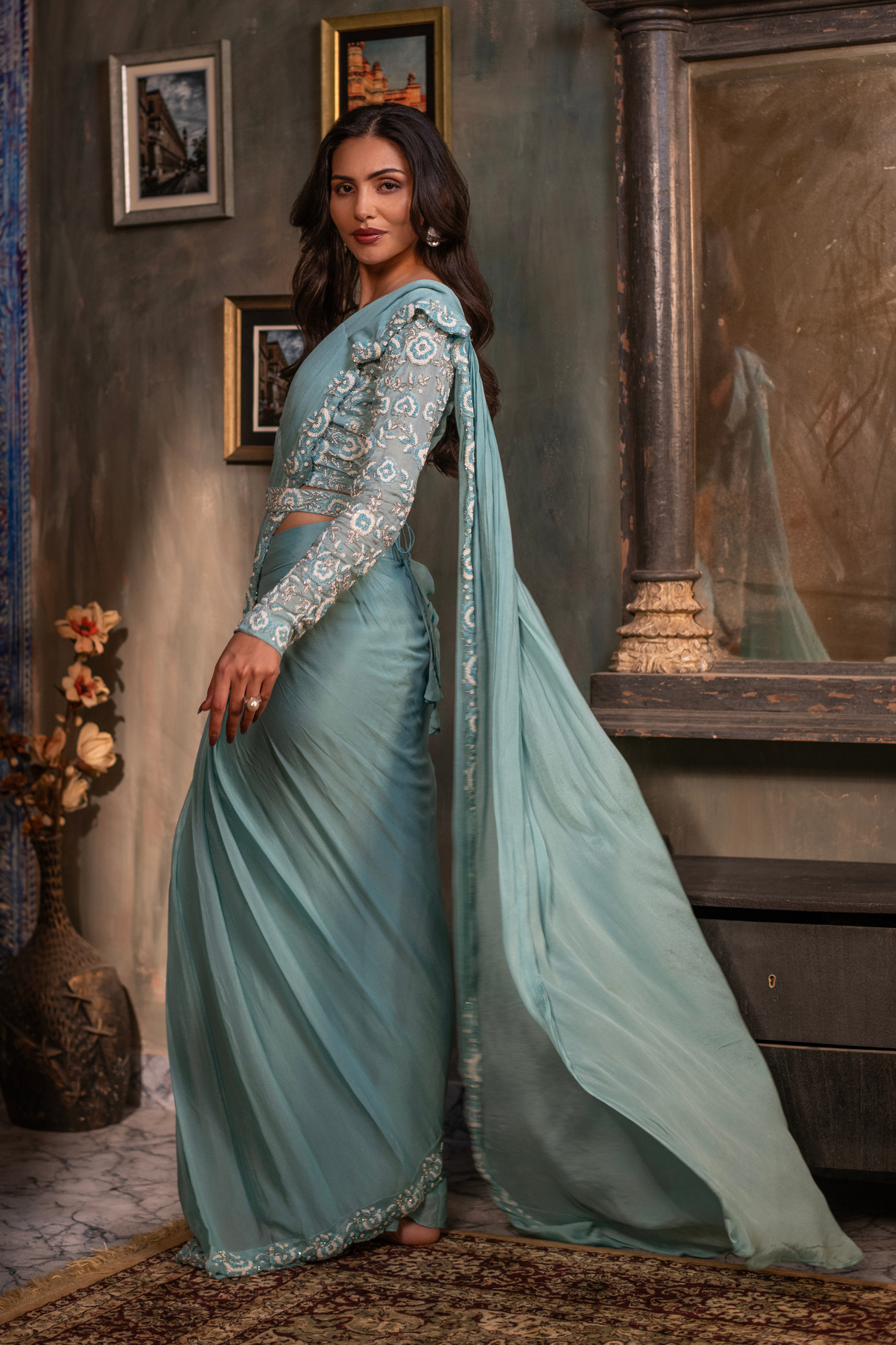 Sky Blue Drape Saree with Waist Belt