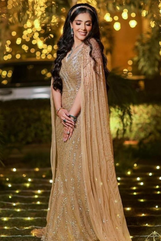 Gold Shimmer Gown with Cape