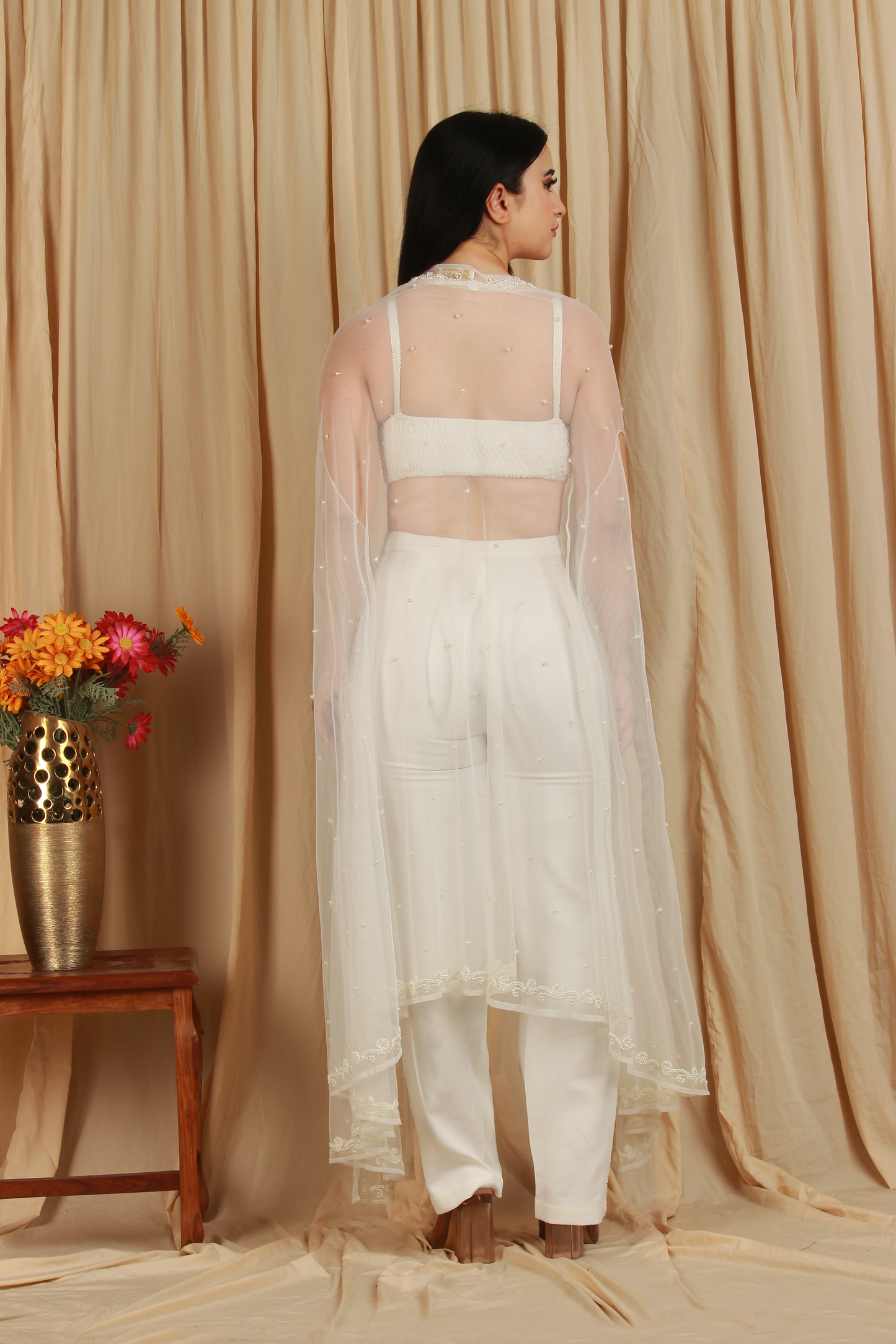 White Embroidered Co-Ord Set with Sheer Cape