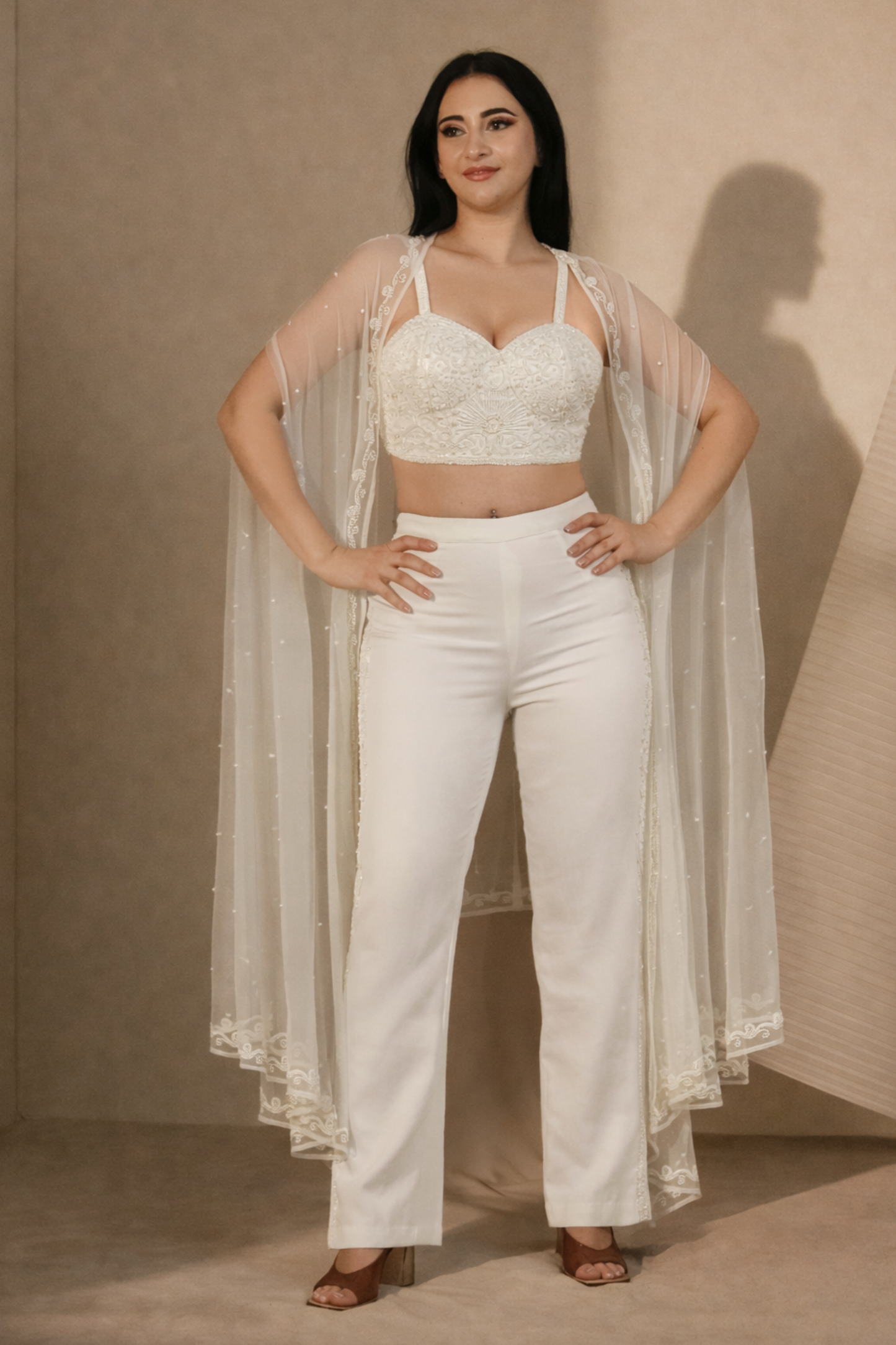 White Embroidered Co-Ord Set with Sheer Cape